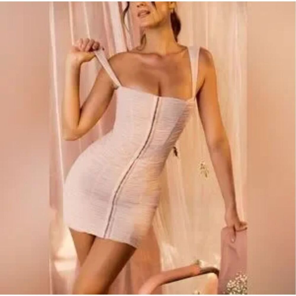 House of CB London Pink Cate Ruched Mesh Square Neck Bodycon Mini Dress Medium